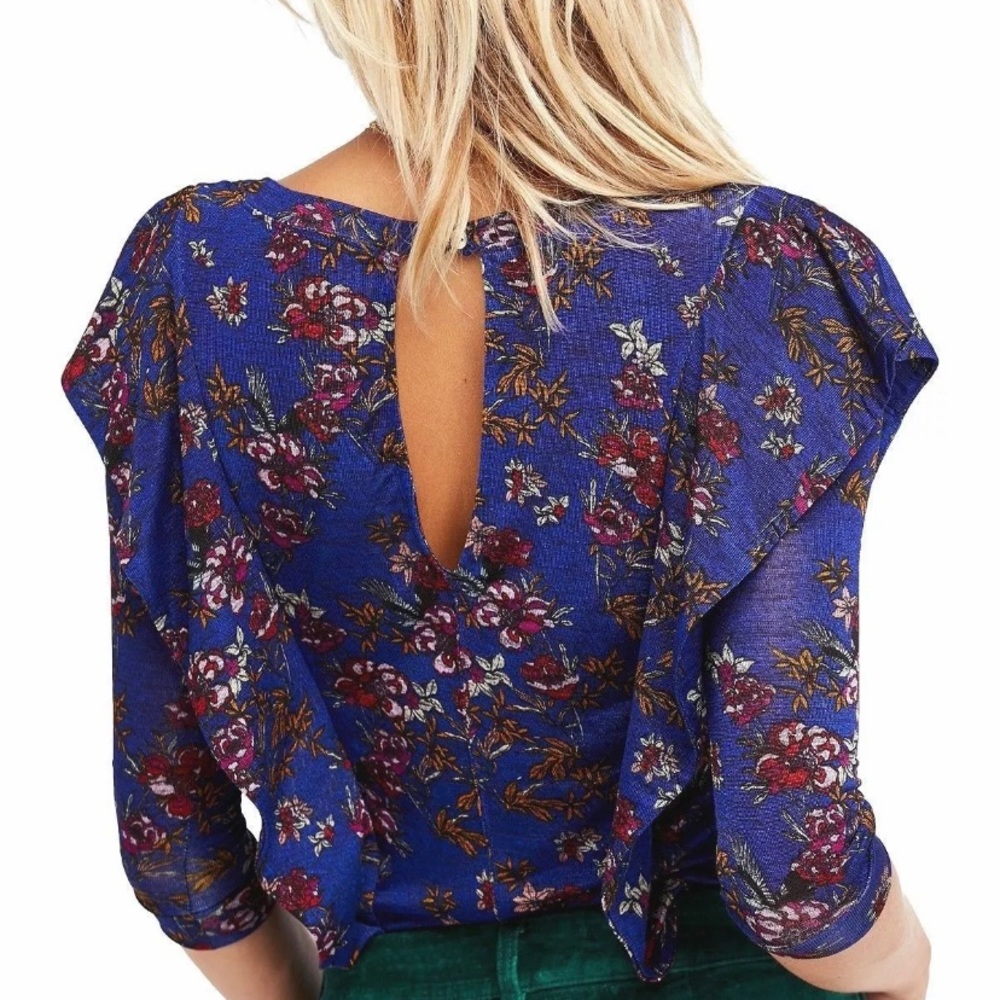 Free People Dock Street Knit Floral Print Top Blue X-Small NWT - Picture 3 of 6